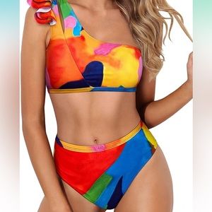 New with tags.  Multi-colored, one-shoulder bikini